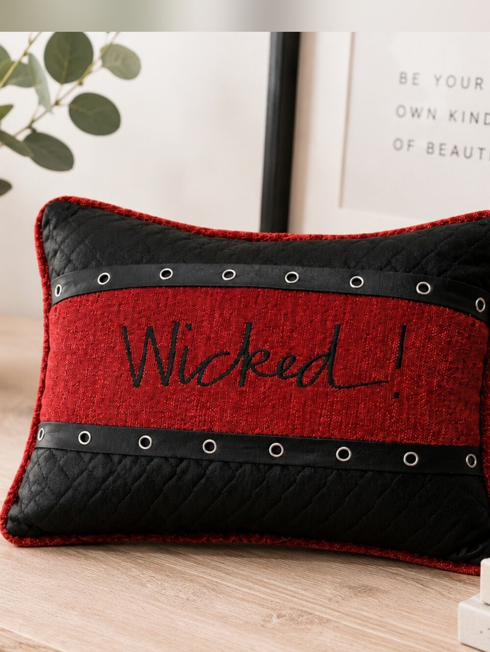 Woof & Poof Wicked Accent Pillow Red Black Grommet Trim Gothic Halloween Decor